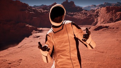 快乐的宇航员在红色星球火星上做手势。宇航员火星人殖民并探索火星。这幅图像是为未来主义、科幻和太空旅行
