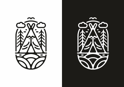 黑白野营帐篷线条艺术插画设计
