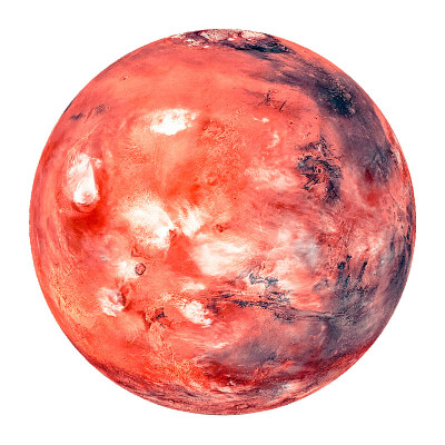 红色的火星是太阳系的一部分，孤立在白色的背景上。这张照片的元素是由美国宇航局提供的。