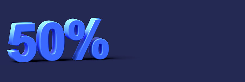3d蓝色字50%的折扣与空白背景