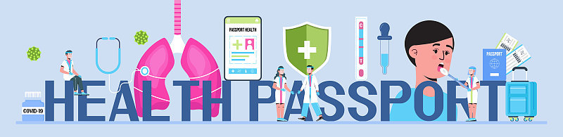 健康护照概念矢量敌人网页，头部。疫苗、免疫护照app。医生戴医用口罩、消毒手套洗手。COVID-19