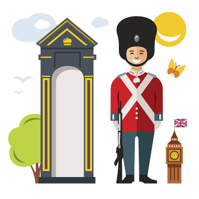英国卫兵向量。平面风格彩色卡通插图。