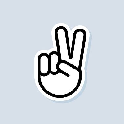 胜利贴纸。胜利或和平的标志。人类的手势。两根手指抬起。矢量在孤立的背景。每股收益10