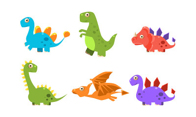Collection of colorful cute dinosaurs, happy carto