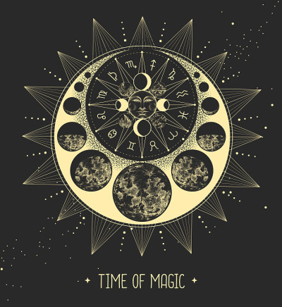 现代魔术魔术卡与占星术日月标志与人脸。白天和黑夜。占星轮与黄道星座。星座矢量图