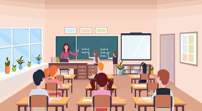 学生在课堂上用黑板解决数学问题，教育理念现代学校教室内男女卡通人物横平
