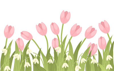 Spring pink tulip and galantus. Green flower patte
