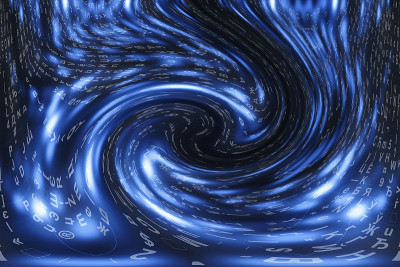 蓝色矩阵数字背景。扭曲的网络空间的概念。人物落入虫洞。入侵矩阵。虚拟现实设计。复杂的算法数据黑客。青