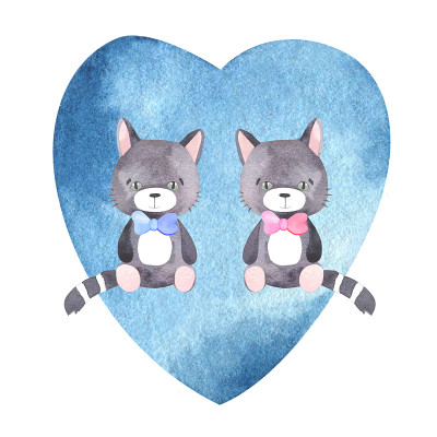 两只猫在蓝色的心形水彩画上