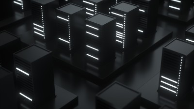 数据库的抽象组成。服务器堆栈概念在黑色与发光的灯泡和指示器在黑色的背景。备份，采矿，托管，主机，农场