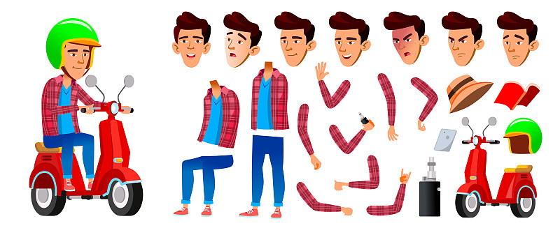 亚洲男孩学校男孩孩子向量。高中的孩子。送货服务。动画创作集。面对情感,手势。十几岁。生活方式,友好。