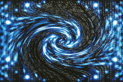 蓝色矩阵数字背景。扭曲的网络空间的概念。人物落入虫洞。入侵矩阵。虚拟现实设计。复杂的算法数据黑客。青