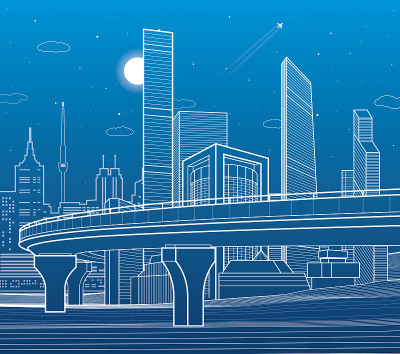 汽车公路，基础设施和城市插图，夜城背景，塔和摩天大楼，飞机飞行，矢量设计艺术