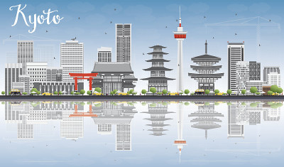京都天际线与灰色地标，蓝天和映像。