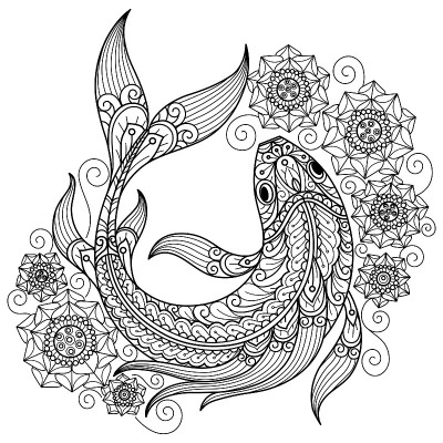 鱼和荷花。手绘素描插图为成人着色书