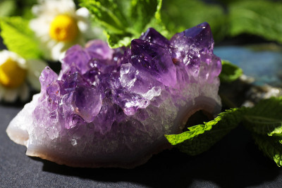 漂亮的紫水晶和甘菊花桌上，特写。治疗晶体