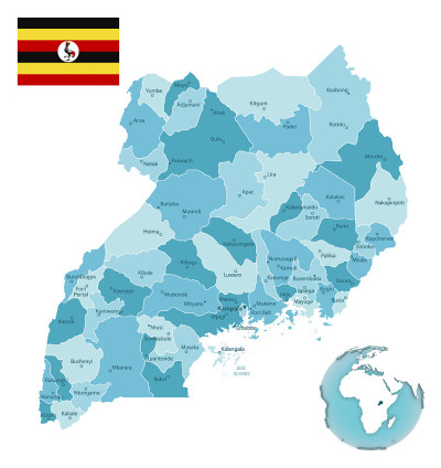 Uganda administrative blue-green map with country 