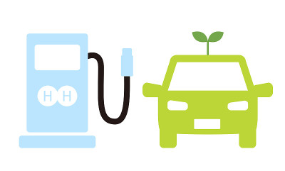 这幅插图描绘了一个氢气站和一个燃料电池汽车。