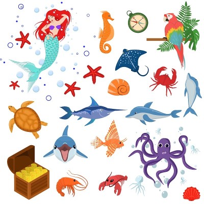 一套关于神话般的海洋，旅行和海盗的主题向量插图，孤立在白色背景上