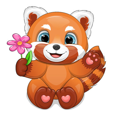 可爱的卡通小熊猫和粉红色的花。