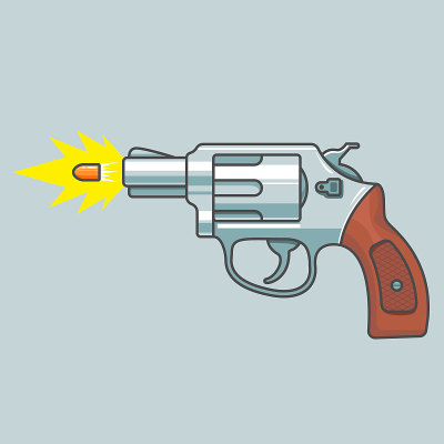 gun revolver shoots. flying bullet. fire shot.