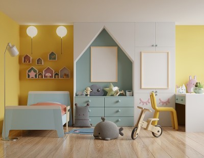 Children's bedroom with a roof house and yellow wa