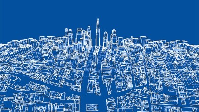 线框扭曲城市，蓝图风格。向量