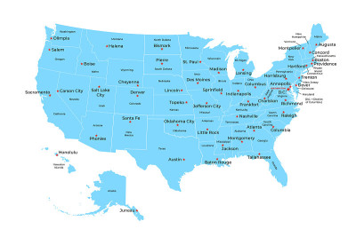 Map of United States of America with states and ca