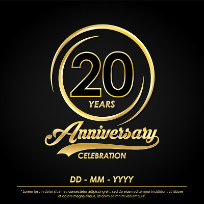 20周年庆典会徽。周年纪念标志与典雅的金色戒指在黑色的背景，矢量插图模板设计的庆祝贺卡和邀请卡
