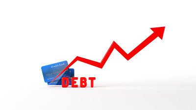 金融概念红色债务文本红色箭头和信用卡孤立在白色背景
