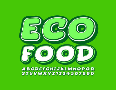 向量绿色徽章生态食品与字母和数字设置