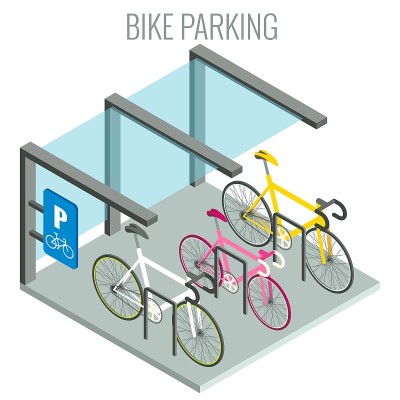 公共自行车架和自行车，矢量等距插图。城市自行车停车场的概念。