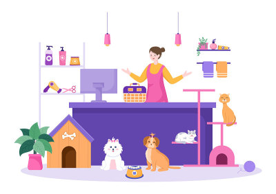 宠物美容的狗和猫在平面卡通手绘背景插图。用于美容院海报或横幅的主要工具
