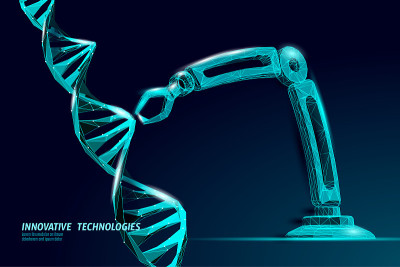 DNA 3D结构编辑医学概念。低多角形三角形基因疗法治疗遗传性疾病。转基因工程CRISPR Cas9