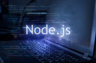基于笔记本电脑和代码背景的Node.js铭文。