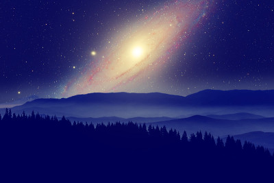 仙女座星系冬天森林的剪影