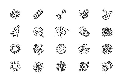 细菌、微生物和病毒矢量线图标设置。病毒和细菌感染，细菌菌落，培养皿。冠状病毒,COVID-19。概述