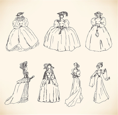 上面画着穿着复古服装的女人的素描