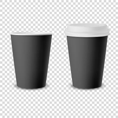 矢量3d现实黑色一次性打开和关闭的纸或塑料咖啡杯与白色盖子图标设置特写孤立。设计模板模型。前视图