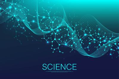分子结构的背景。带有DNA分子的科学模板墙纸或横幅。了解科学分子背景。波流，创新格局。矢量插图。