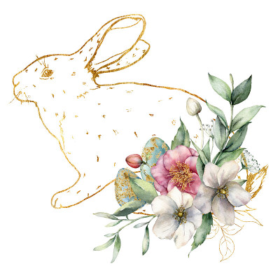 水彩画卡有金兔子，花和鸡蛋。手绘线条艺术兔子，海葵，花蕾和叶子孤立在白色的背景。春季插图设计，印刷，