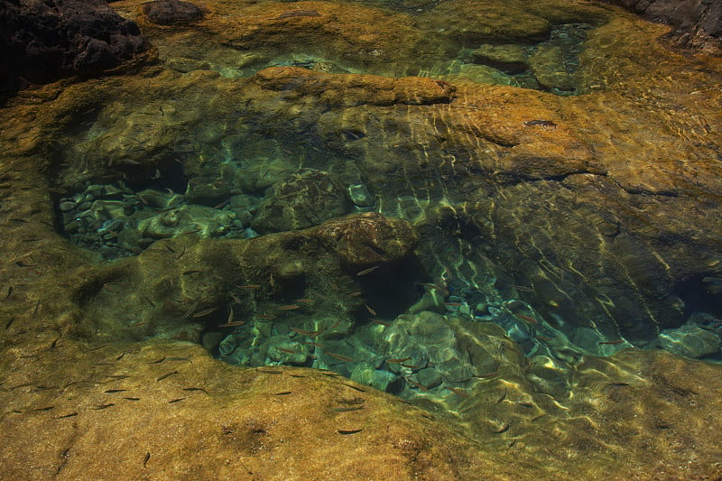 大加纳利岛，平静的天然海水池在陡峭的北部海岸，与海洋被火山岩隔开，蓬德加尔达地区