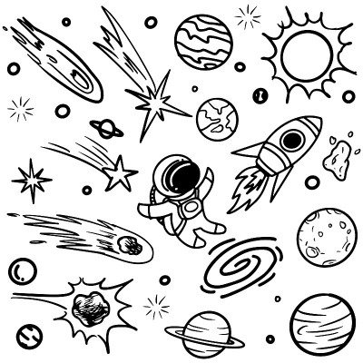 空间涂鸦矢量元素。手绘的星星，彗星，行星和月亮在天空孤立的白色背景。