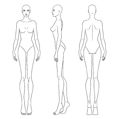 美丽苗条的女人在不同的姿态，矢量插图。九头时装图模板。女性身体，正面，侧面和背面视图。