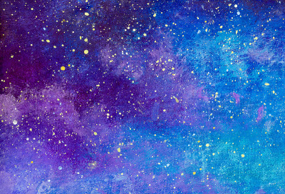 宇宙充满了星星蓝色和紫色手工丙烯画。水彩背景艺术品