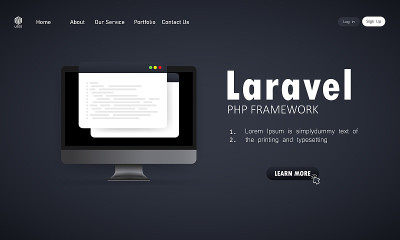 学习在计算机屏幕上编写Laravel PHP框架编程语言，编程语言代码说明。矢量在孤立的背景。每股收