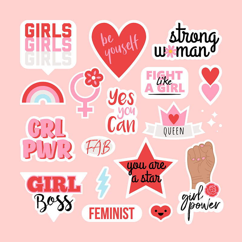 Sticker set with girl power slogans and feminist q
