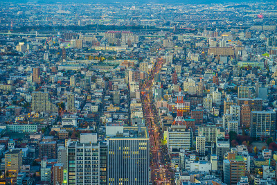 名古屋城市景观在黄昏时间，日本。