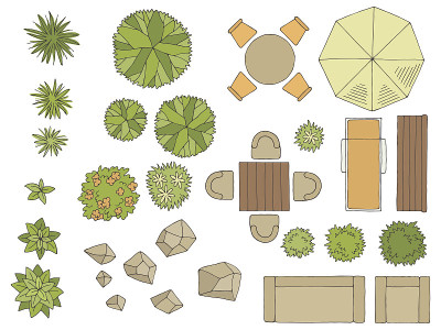 景观设计师设计元素集图形颜色顶部草图鸟瞰图孤立的插图向量