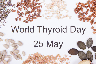 5月25日世界甲状腺日，健康甲状腺的最佳成分。白色背景